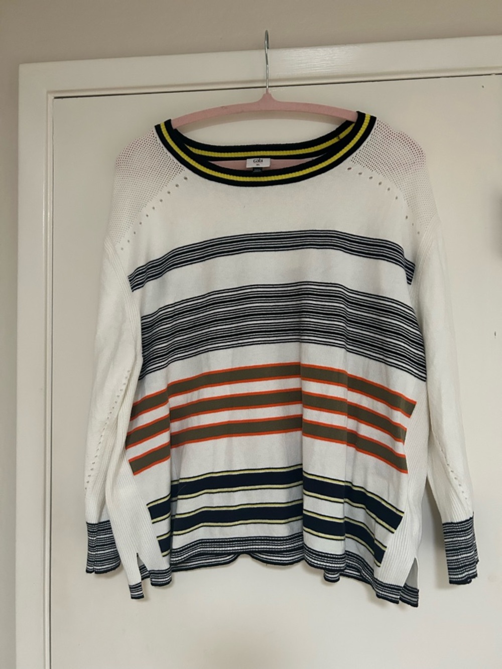 CAbi White Crewneck Sweater with Navy, Orange and Yellow Stripes